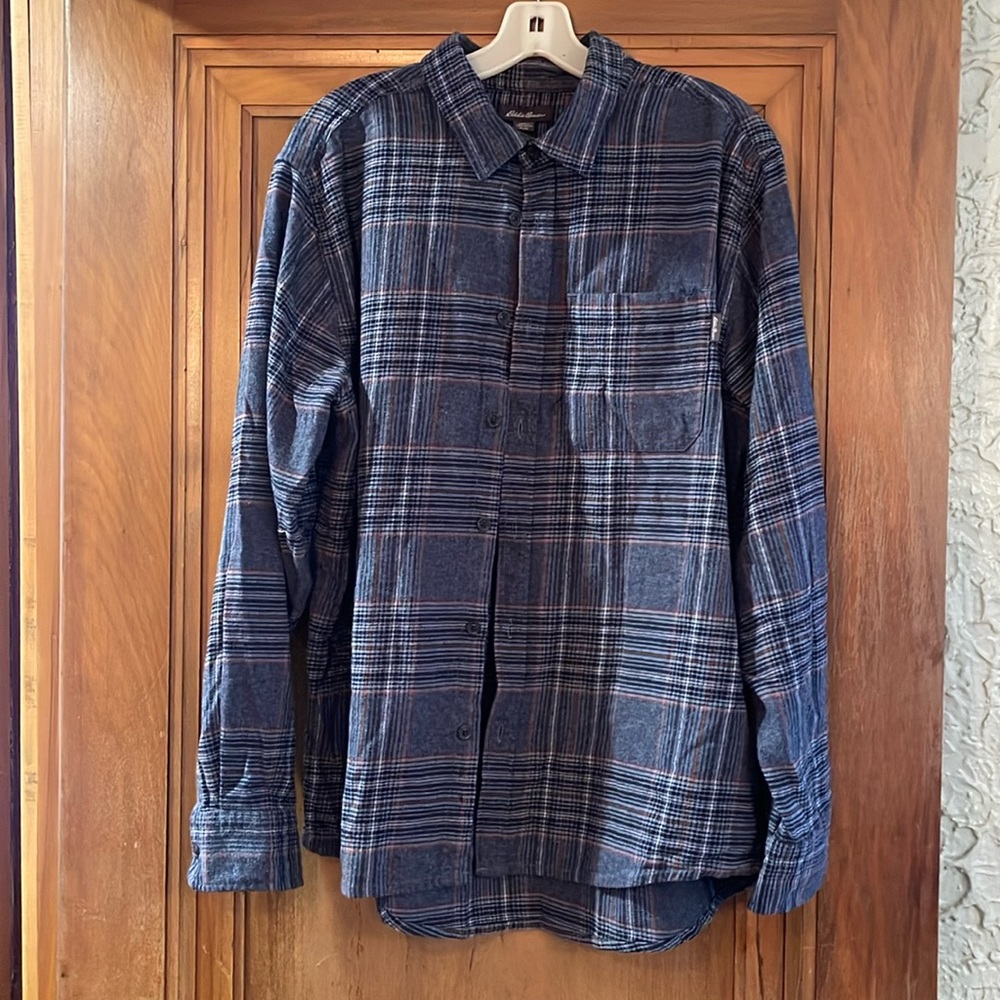 Eddie Bauer Blue Plaid Cotton Flannel Chambray Long Sleeve Men's Shirt Size XL